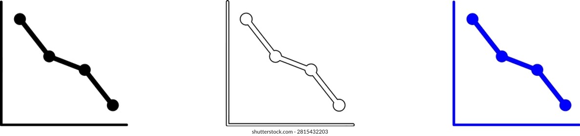 Three simple line graph styles showing downward trends with different markers isolated on transparent background, Vector