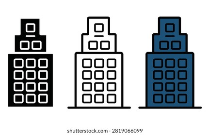 Three simple lineart buildings with varying color fills isolated on transparent background