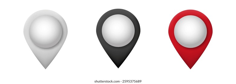 Three simple map markers in white, black, and red. each marker has a circular shape with a glossy center.