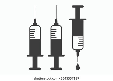 Três simples, monocromáticas ilustrações de seringas, duas cheias e uma dispensando uma gota. Perfeito para projetos médicos, de saúde ou de vacinação.