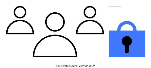 Three simple outline figures and a blue lock symbol indicating user security and privacy. Ideal for data protection, online security, user access control, privacy policies, cybersecurity. Style