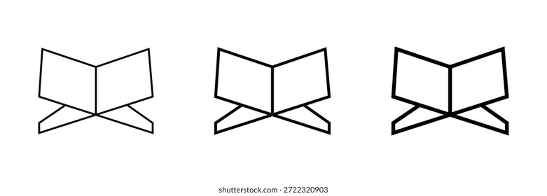 Tres iconos de contorno simples de un libro abierto en un soporte tradicional real o del Corán, presentados en diferentes pesos de línea para el diseño digital y los recursos educativos.