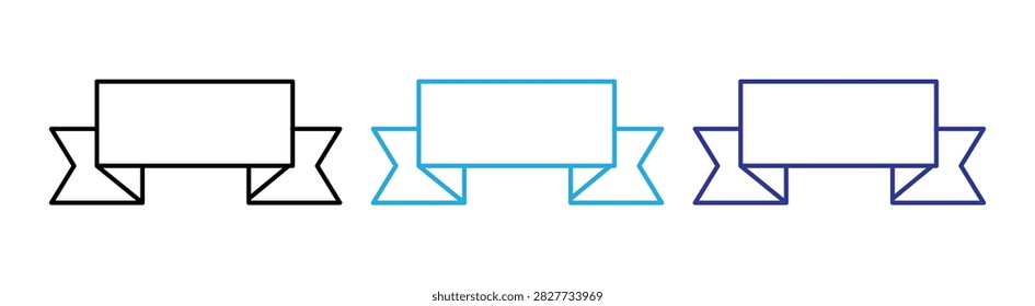Three simple outline ribbon banners, presented in black, light blue, and dark blue, arranged horizontally on a clean white background, ideal for graphic design elements.