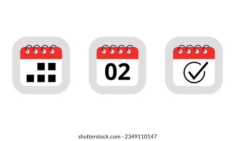 Three simple red calendar icons for websites, blogs and graphic resources. Calendar flat icon with specific day marking day 02.