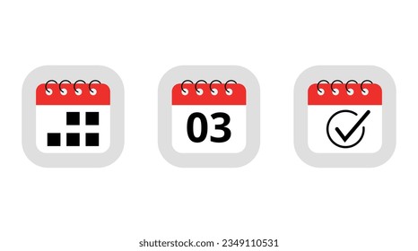 Three simple red calendar icons for websites, blogs and graphic resources. Calendar flat icon with specific day marking day 03.