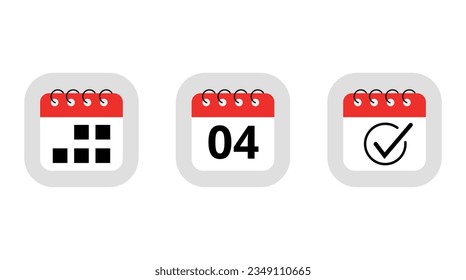 Tres simples iconos de calendario rojo para sitios web, blogs y recursos gráficos. Icono plano del calendario con marcado de día específico día 04.