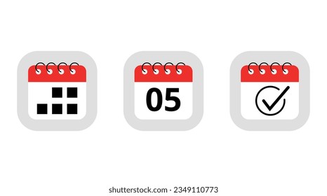 Three simple red calendar icons for websites, blogs and graphic resources. Calendar flat icon with specific day marking day 05.