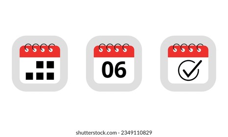Drei einfache rote Kalendersymbole für Webseiten, Blogs und grafische Ressourcen. Kalenderflachsymbol mit dem Tag der Markierung 06.