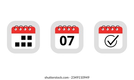Tres simples iconos de calendario rojo para sitios web, blogs y recursos gráficos. Icono plano del calendario con marcado de día específico día 07.