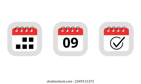 Tres simples iconos de calendario rojo para sitios web, blogs y recursos gráficos. Icono plano del calendario con el día de marcado específico del día 09.