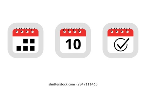 Drei einfache rote Kalendersymbole für Webseiten, Blogs und grafische Ressourcen. Kalenderflachsymbol mit dem Tag der Markierung 10.