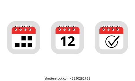 Three simple red calendar icons for websites, blogs and graphic resources. Calendar flat icon with specific day marking day 12.