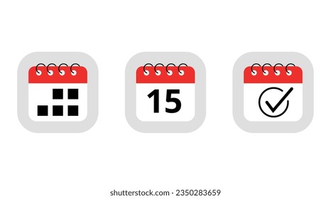 Drei einfache rote Kalendersymbole für Webseiten, Blogs und grafische Ressourcen. Kalenderflachsymbol mit dem Tag der Markierung 15.