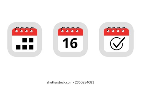 Three simple red calendar icons for websites, blogs and graphic resources. Calendar flat icon with specific day marking day 16.