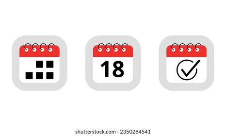 Three simple red calendar icons for websites, blogs and graphic resources. Calendar flat icon with specific day marking day 18.