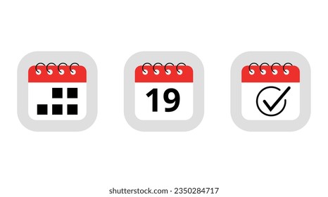 Tres simples iconos de calendario rojo para sitios web, blogs y recursos gráficos. Icono plano del calendario con marcado de día específico día 19.