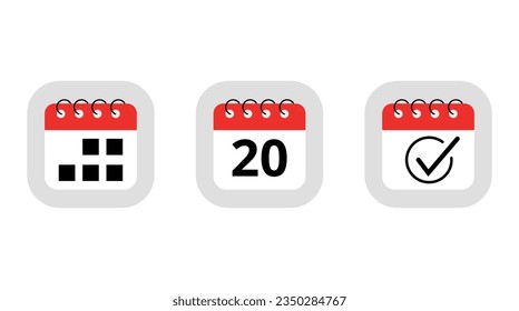Three simple red calendar icons for websites, blogs and graphic resources. Calendar flat icon with specific day marking day 20.