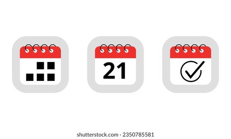 Three simple red calendar icons for websites, blogs and graphic resources. Calendar flat icon with specific day marking day 21.