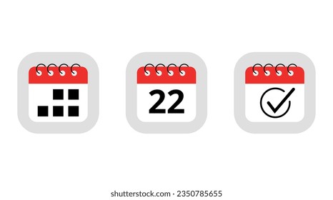 Three simple red calendar icons for websites, blogs and graphic resources. Calendar flat icon with specific day marking day 22.