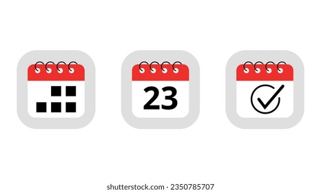 Three simple red calendar icons for websites, blogs and graphic resources. Calendar flat icon with specific day marking day 23.