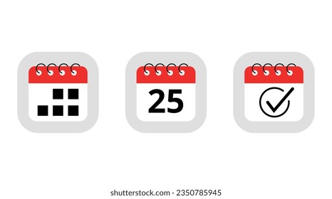Three simple red calendar icons for websites, blogs and graphic resources. Calendar flat icon with specific day marking day 25.