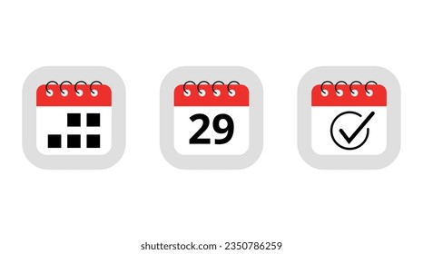 Three simple red calendar icons for websites, blogs and graphic resources. Calendar flat icon with specific day marking day 29.