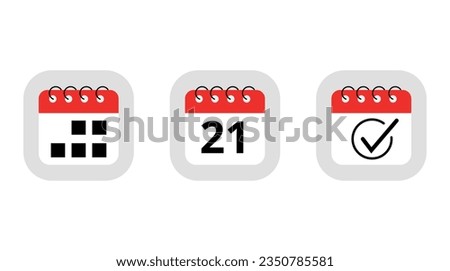 Three simple red calendar icons for websites, blogs and graphic resources. Calendar flat icon with specific day marking day 21.