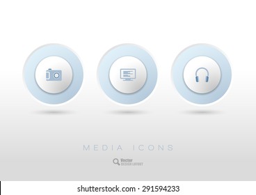 Three simple rounded buttons with business icons and symbols. Vector design elements.