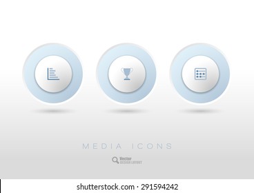 Three simple rounded buttons with business icons and symbols. Vector design elements.