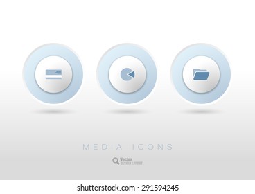 Three simple rounded buttons with business icons and symbols. Vector design elements.