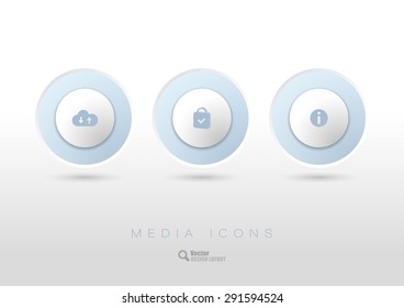 Three simple rounded buttons with business icons and symbols. Vector design elements.
