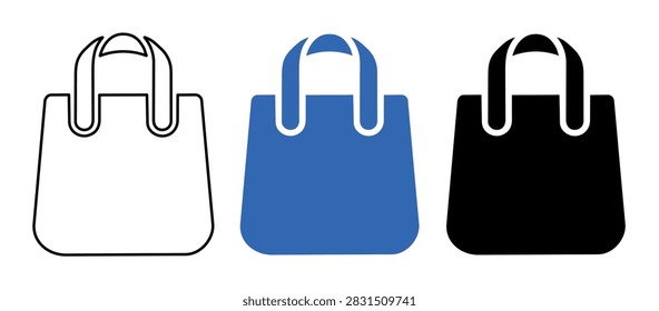 Three simple shopping bag icons, one outline, one blue, and one black, are arranged horizontally on a clean white background