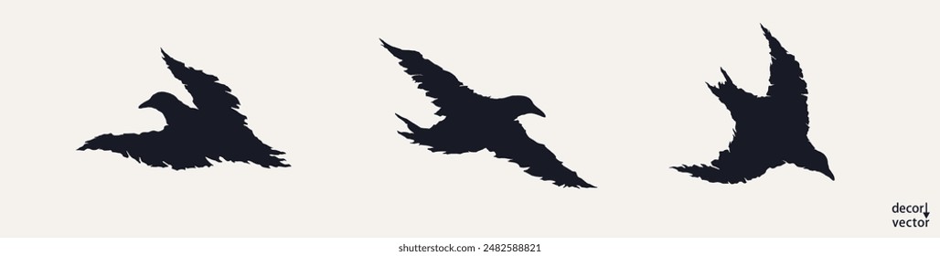 Three simple silhouettes of crows. Various flight poses. Handmade design elements in grunge style. Vector art