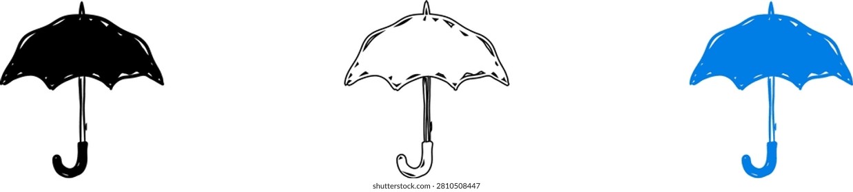 Three simple umbrellas in different styles isolated on transparent background, Vector
