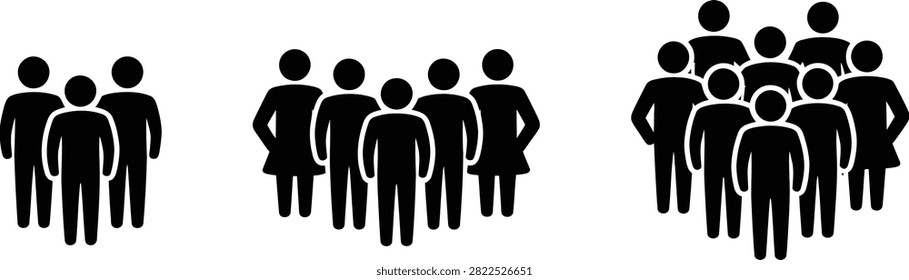 Three simple vector icons illustrating small, medium, and large groups of people standing together.