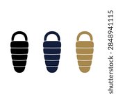 Three simple vector icons representing sleeping bags in black blue and tan colors arranged horizontally