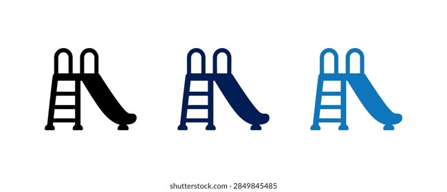 Three simple vector icons representing a playground slide in different colors black navy and blue on a white background.