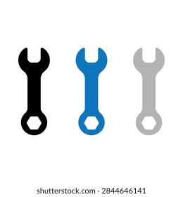 Three simple wrench icons displayed in black blue and gray colors against a white background.