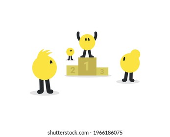 Three Simple Yellow Round Characters Looking at a Winner