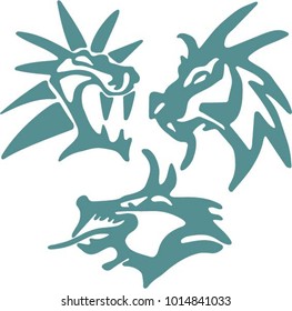 Three simplified dragon's heads, stylized, monochrome.
Can be used as template, for cutting on plotter.