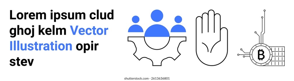 Three simplified elements group of people on a mechanical cog, an open hand, and a Bitcoin symbol inside a circuit. Ideal for teamwork, security, technology, cryptocurrency, innovation, finance