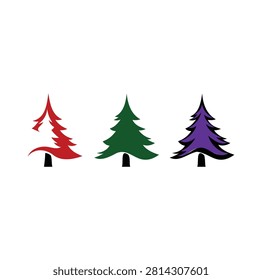 Three simplified evergreen trees in red green and purple colors with black bases stand side by side