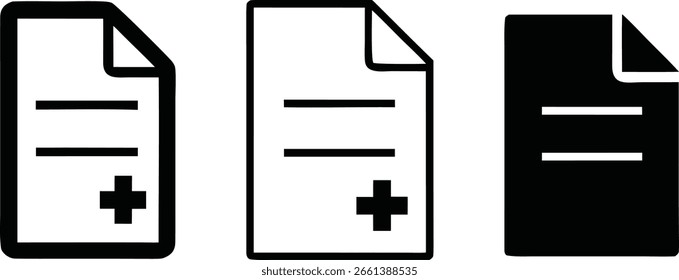 Three simplified graphic icons representing medical documents are displayed side by side on a white background.