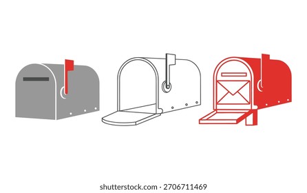 Three simplified graphic mailboxes are displayed side by side on a white background.