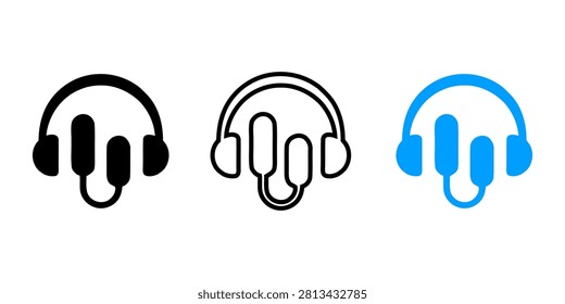 Three simplified headphone icons in varying designs isolated on transparent background showing overear and onear styles in black and blue colors for multimedia projects