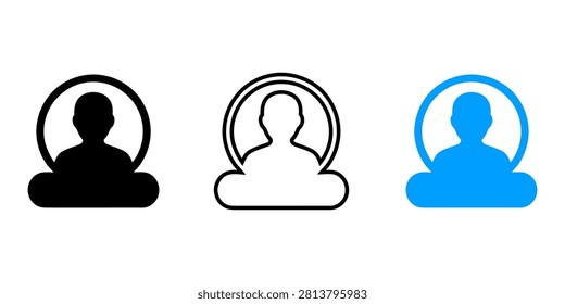 Three simplified human figures in meditative poses isolated on transparent background showing progressive stages of enlightenment or focus