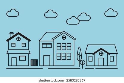 Three simplistic houses are outlined against a soft blue background, featuring distinct architectural designs and playful cloud shapes overhead. The scene radiates a calm atmosphere.