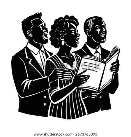 Three singers in silhouette singing from a book choir