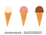 Three Single Scoop Ice Cream Cones – Cute Summer Flat Illustration
