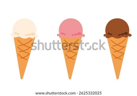 Three Single Scoop Ice Cream Cones – Cute Summer Flat Illustration
